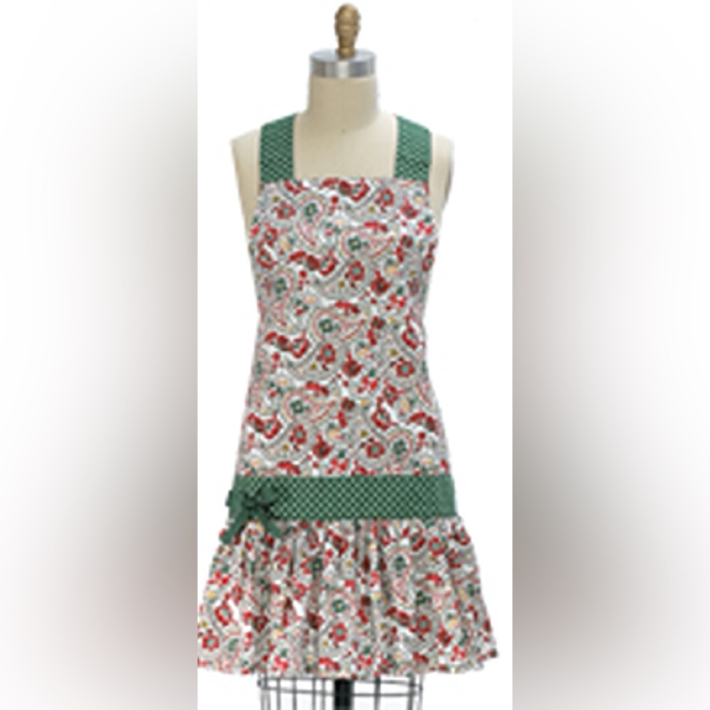 NWT H1010 women’s apron girlie frilly paisley Christmas white green red